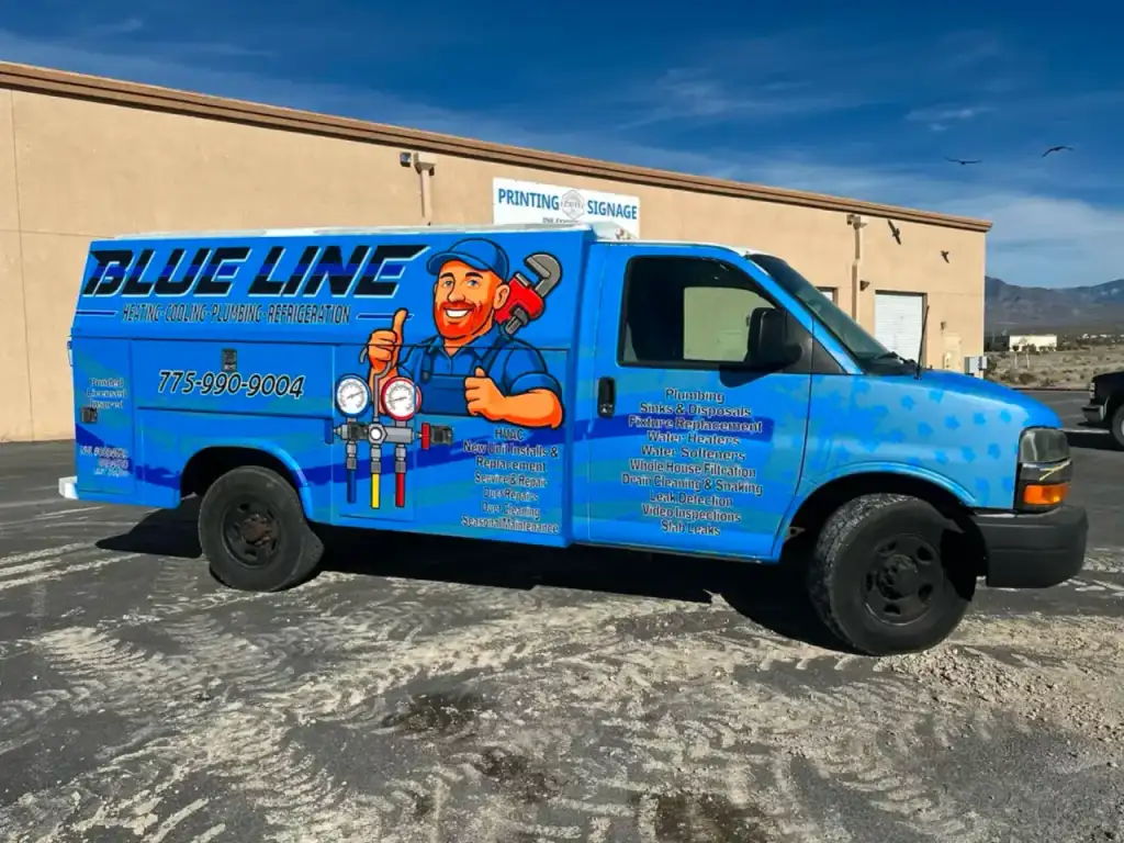 Blue Line HVAC & Plumbing service vehicle with full branding